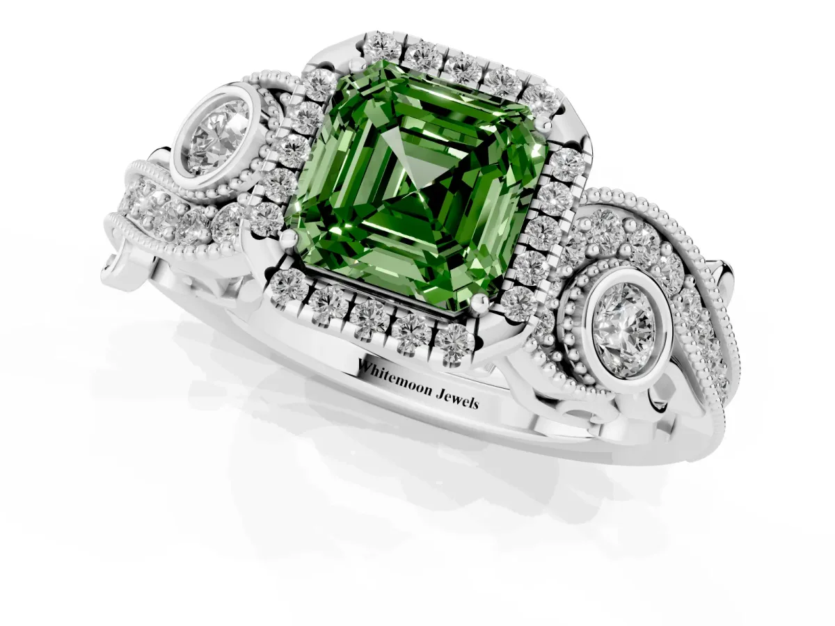 Fancy Green Asscher Cut Diamond Halo Ring with Milgrain Pavé Band and Four-Prong Setting White gold