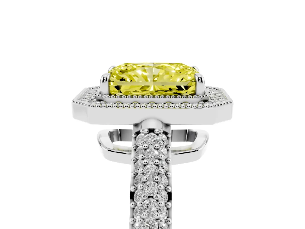 Fancy Yellow Radiant Cut Cut Halo Diamond Pave Band with Four-Prong Setting Silver