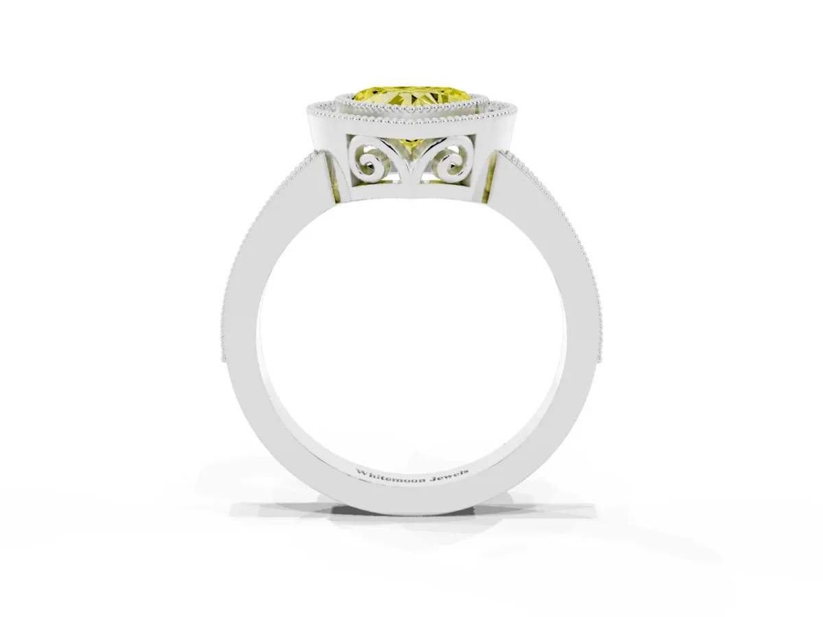 Fancy Yellow Heart Cut Cut Halo Diamond Ring with Pavé Band and Milgrain Prong Setting Platinum