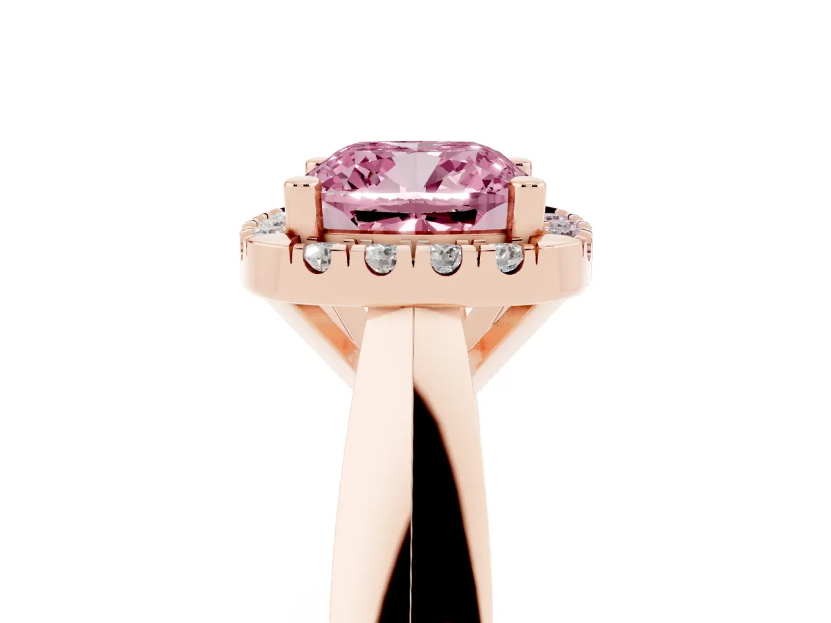 Fancy Pink Cushion Cut Cut Halo Solitaire Engagement Ring with Square Band and Four-Prong Setting Rose gold