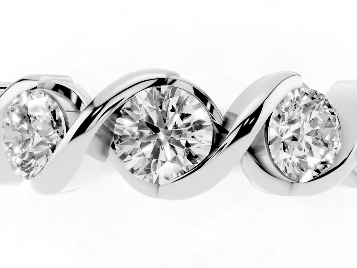 Round Diamond Wave Band with Channel Setting and Shared Prongs White gold