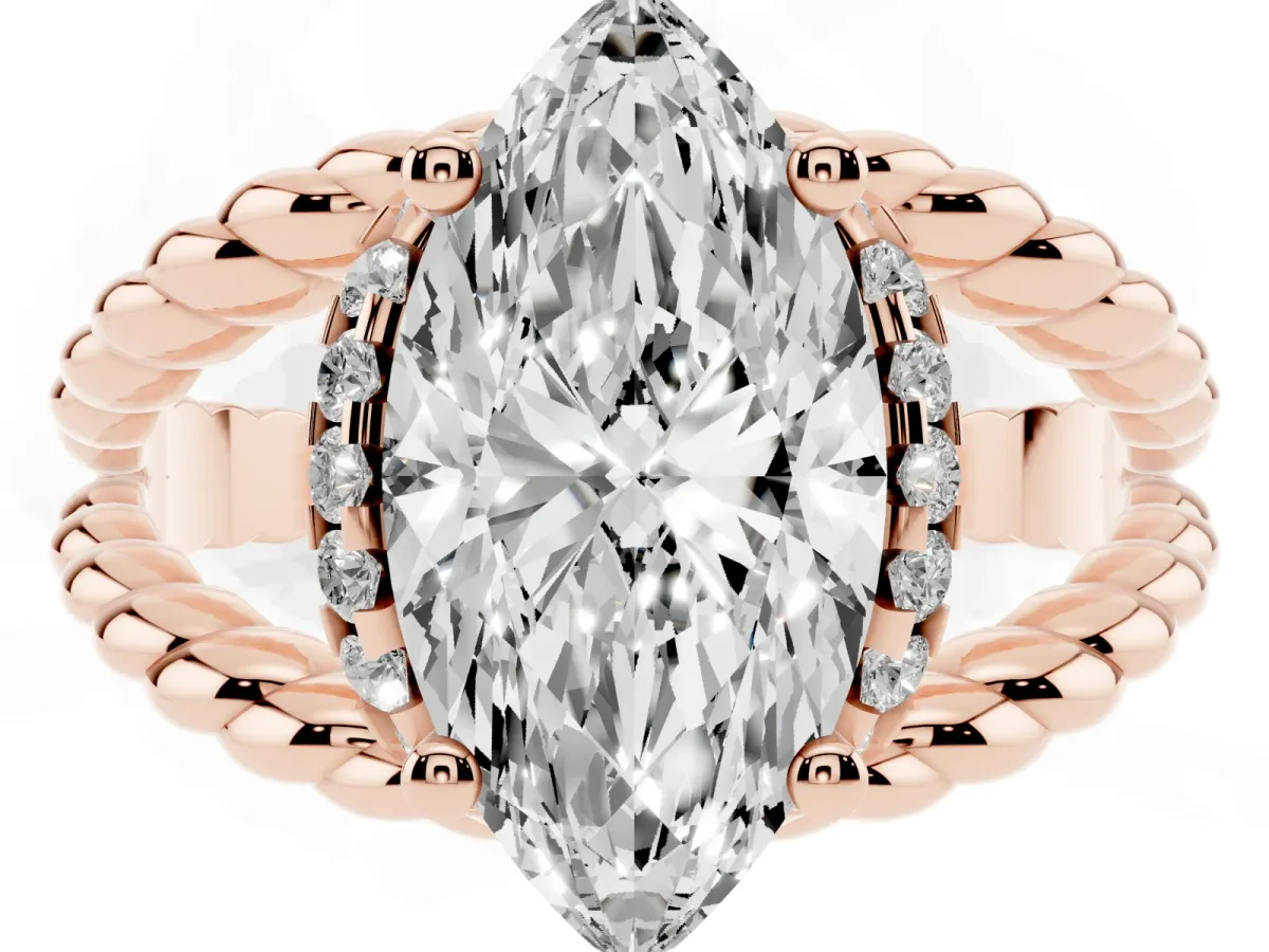 Marquise Cut Halo Twisted Band Four-Prong Ring Rose gold
