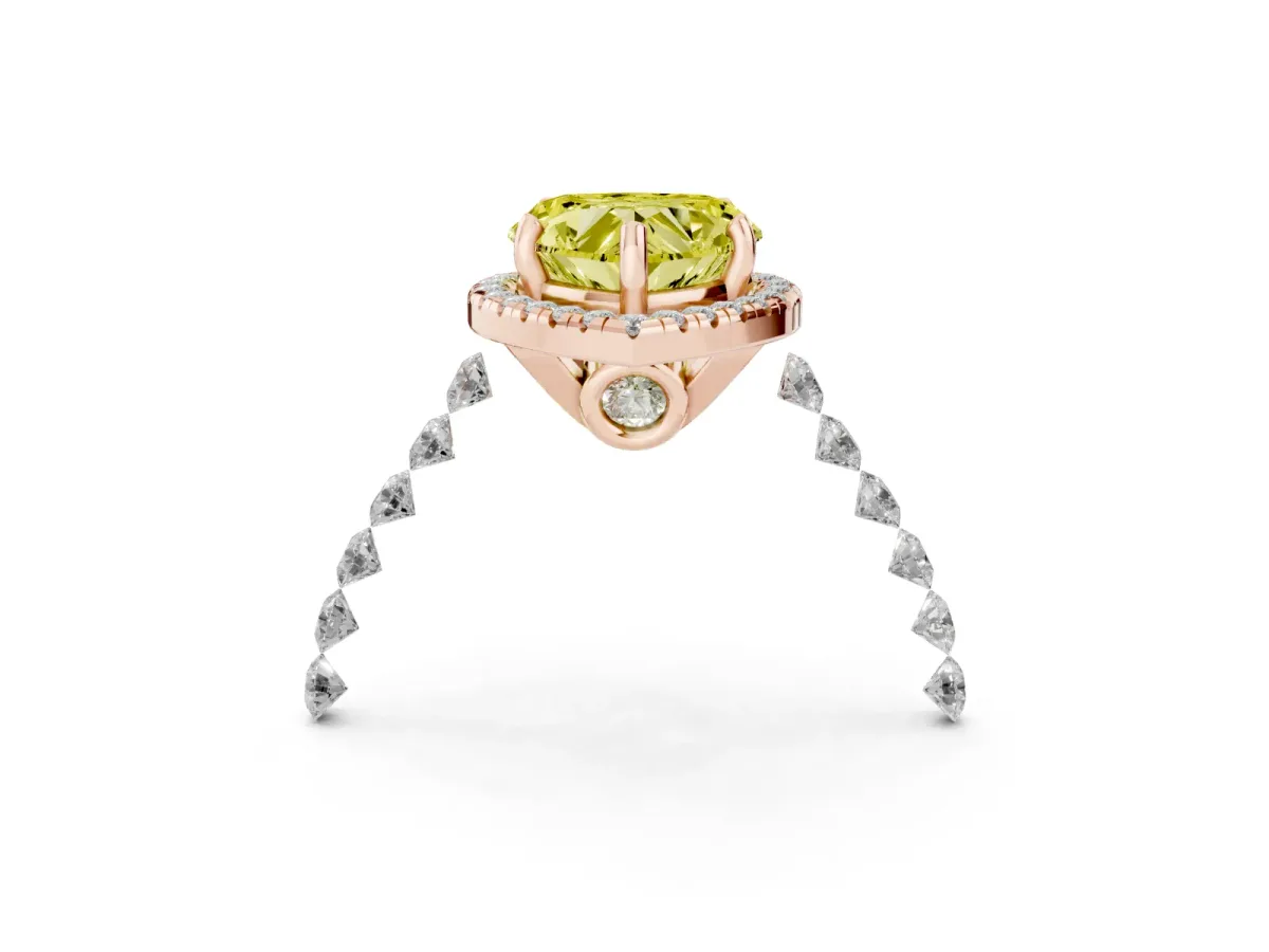 Fancy Yellow Heart Cut Halo Pavé Diamond Engagement Ring with Four-Prong Setting Rose gold