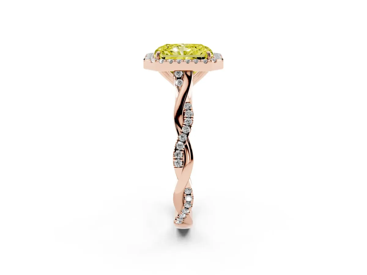 Fancy Yellow Radiant Cut Halo Twist Band Solitaire Ring Rose gold