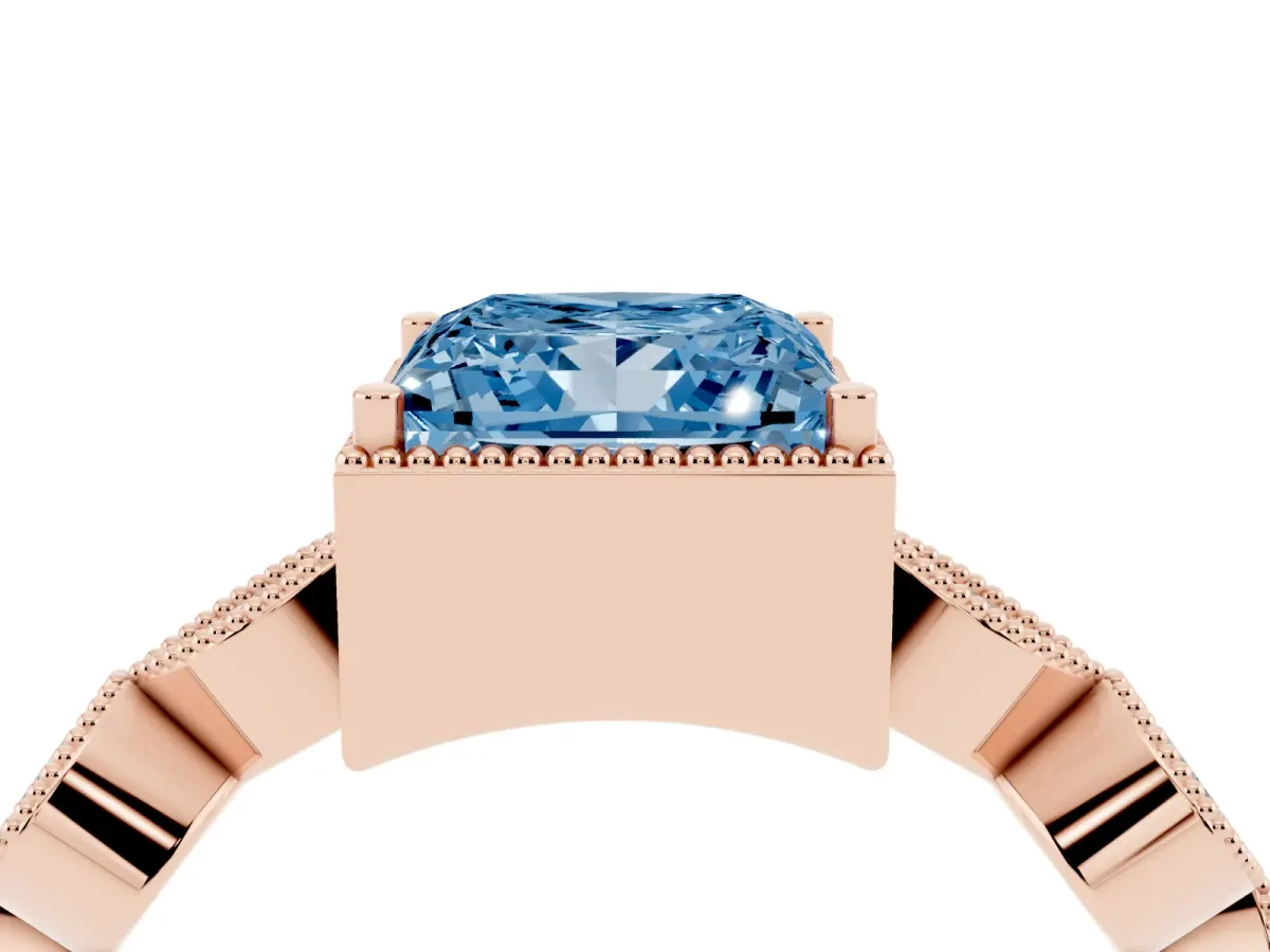 Fancy Blue Princess Cut Diamond Vintage Milgrain Ring with Round Stations Rose gold