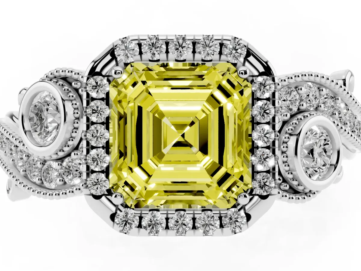 Fancy Yellow Asscher Cut Diamond Halo Ring with Milgrain Pavé Band and Four-Prong Setting Silver