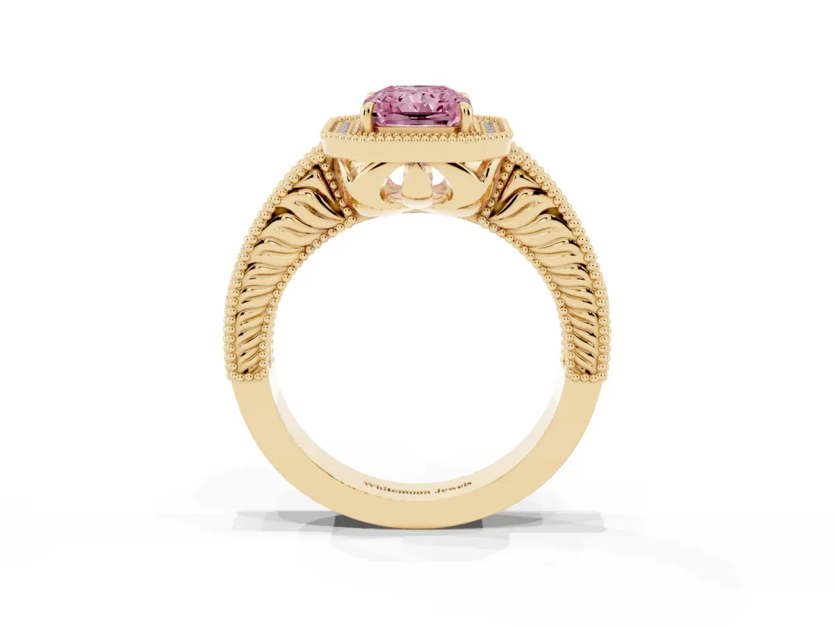 Fancy Pink Radiant Cut Cut Halo Diamond Ring with Pavé Band and Four-Prong Setting Yellow gold