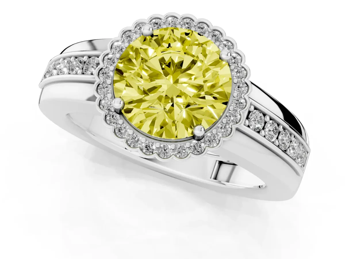 Fancy Yellow Round Cut Cut Halo Pave Band Four-Prong Ring Platinum