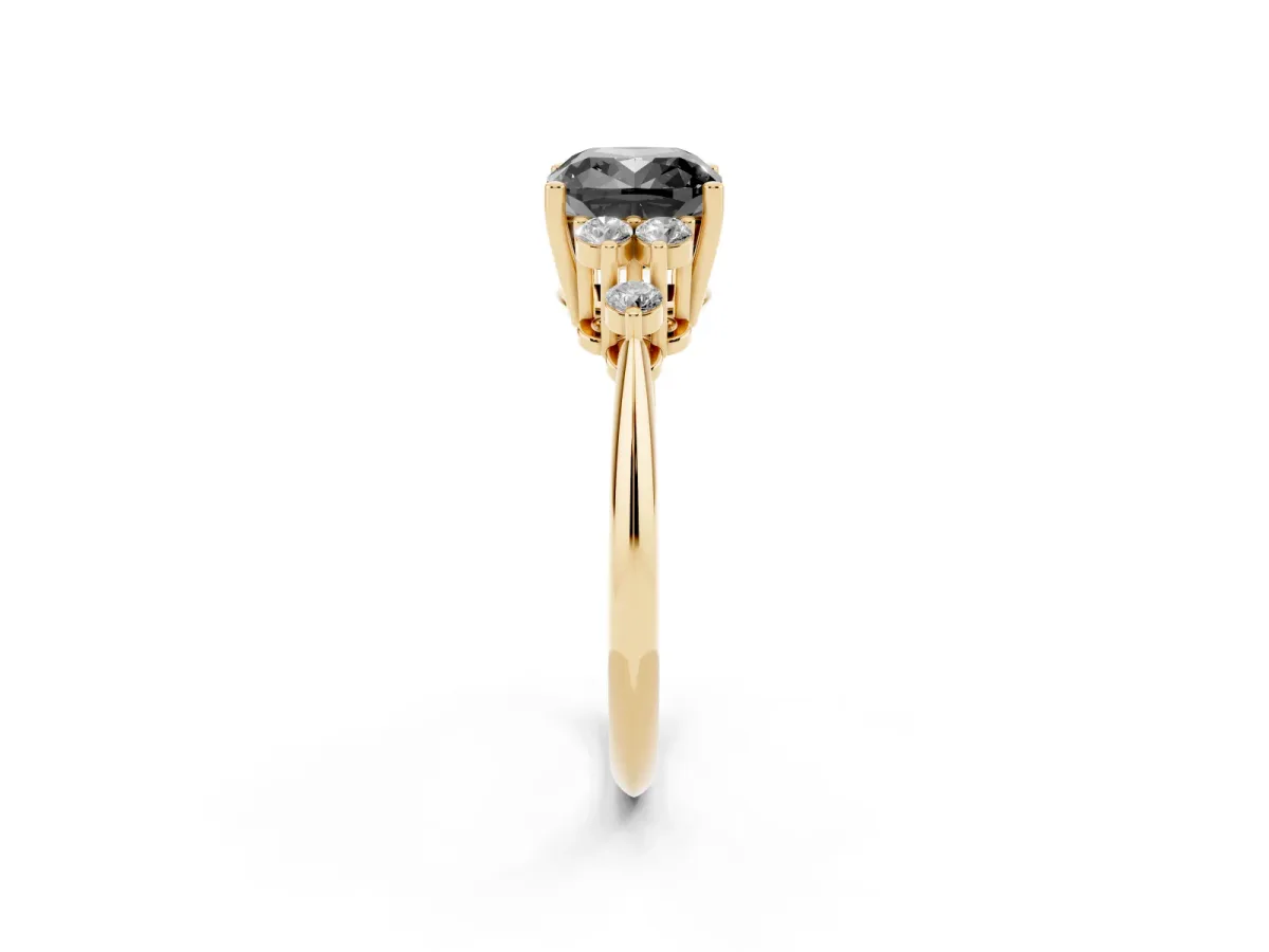Fancy Black Cushion Cut Cut Diamond Cluster Ring with Solitaire Band and Four-Prong Setting Yellow gold
