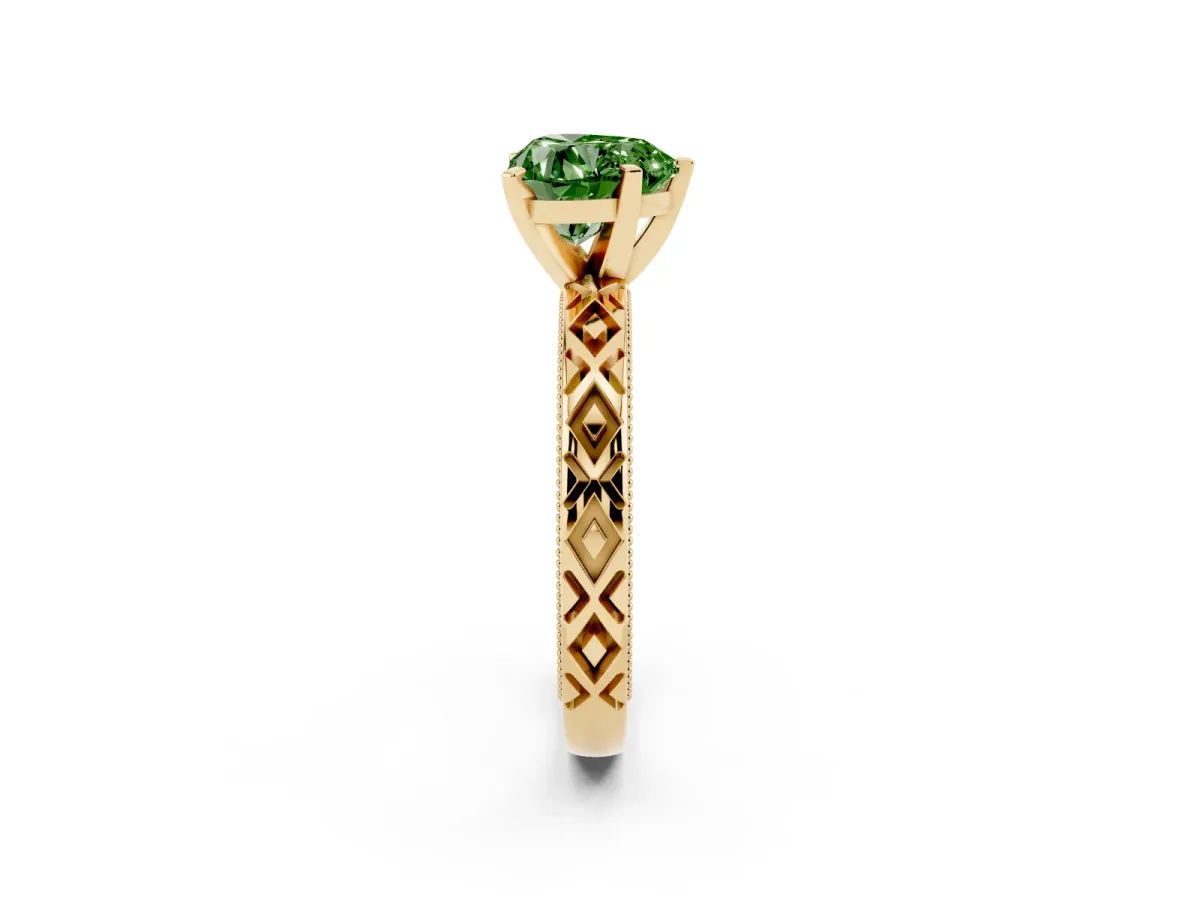 Fancy Green Heart Cut Solitaire Diamond Ring with Milgrain and Black Enamel X Pattern Band Yellow gold