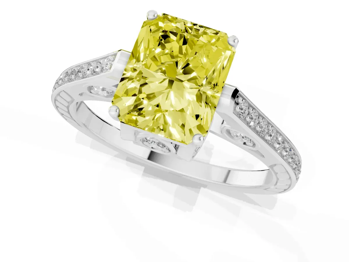 Fancy Yellow Radiant Cut Cut Cathedral Pave Diamond Engagement Ring with Six-Prong Setting Silver