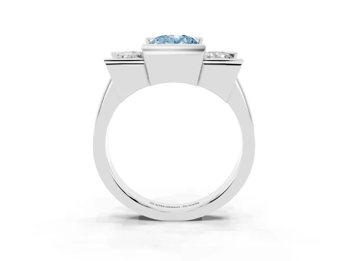 Fancy Blue Three Stone Oval Cut Cut Channel Set Diamond Ring Platinum
