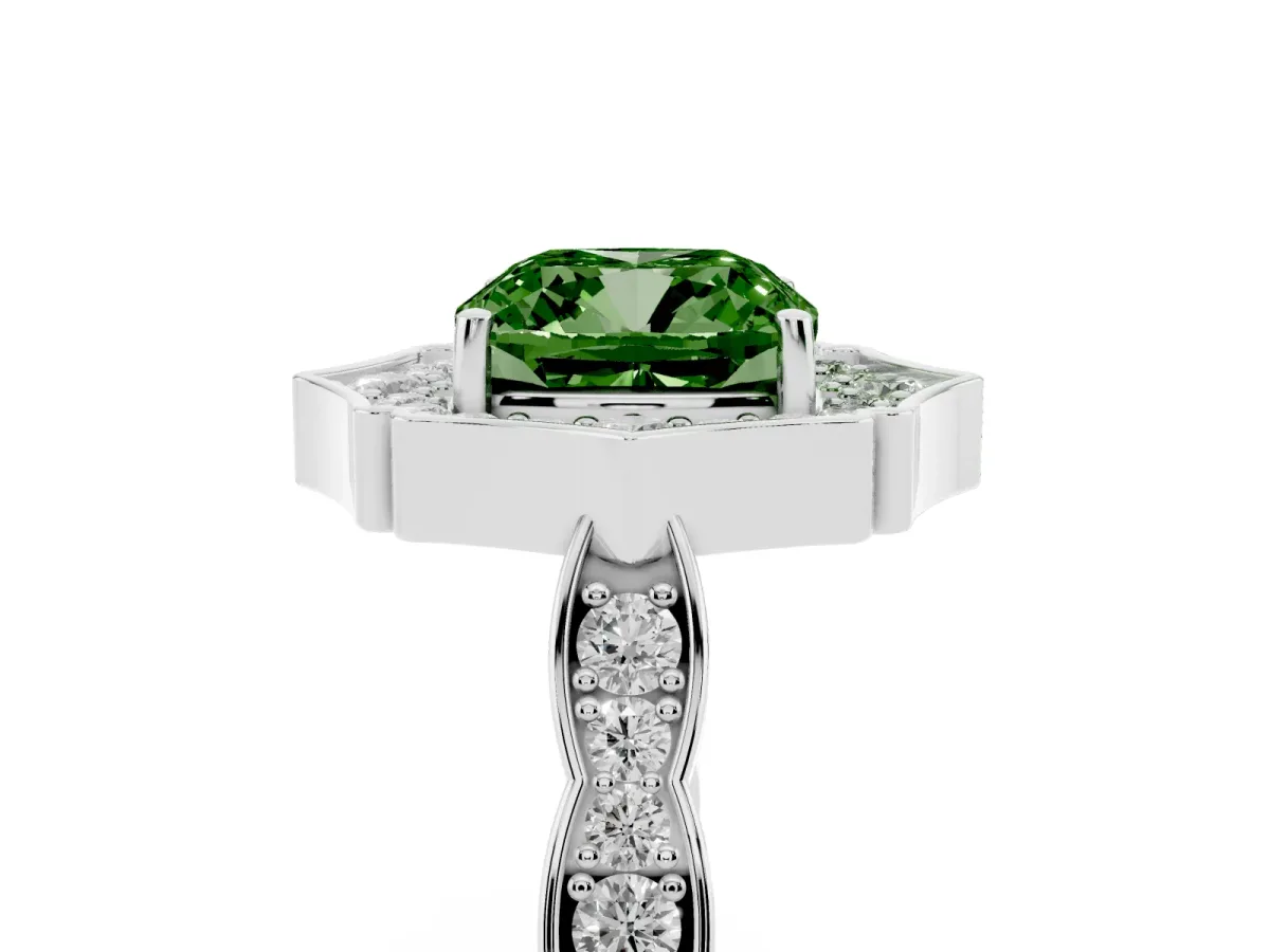 Fancy Green Cushion Cut Halo Diamond Engagement Ring with Milgrain Band and Four-Prong Setting Platinum