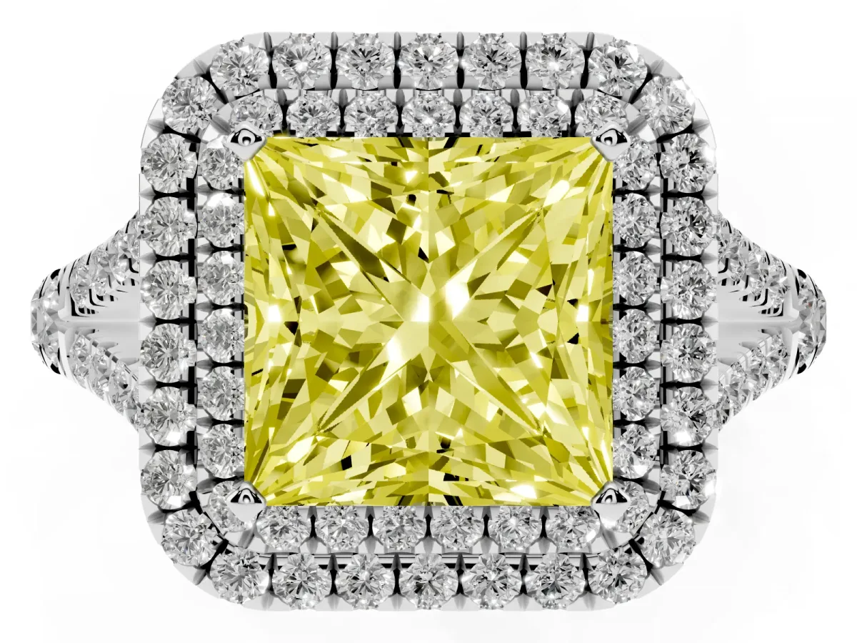 Fancy Yellow Princess Cut Diamond Pavé Split Shank Double Halo Engagement Ring Silver