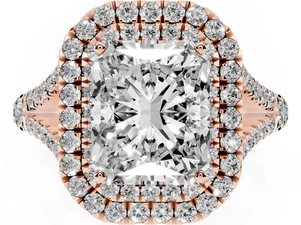 Radiant Cut Diamond Pavé Split Shank Double Halo Engagement Ring Rose gold