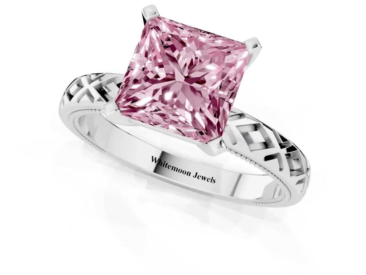 Fancy Pink Princess Cut Solitaire Diamond Ring with Milgrain and Black Enamel X Pattern Band Silver