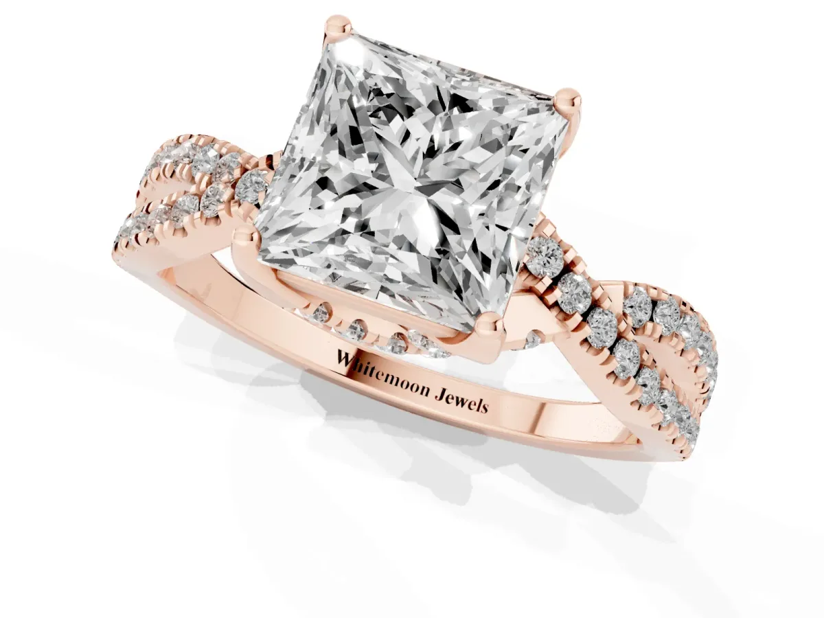 Princess Cut Solitaire Twist Pave Diamond Engagement Ring with Prong Setting Rose gold