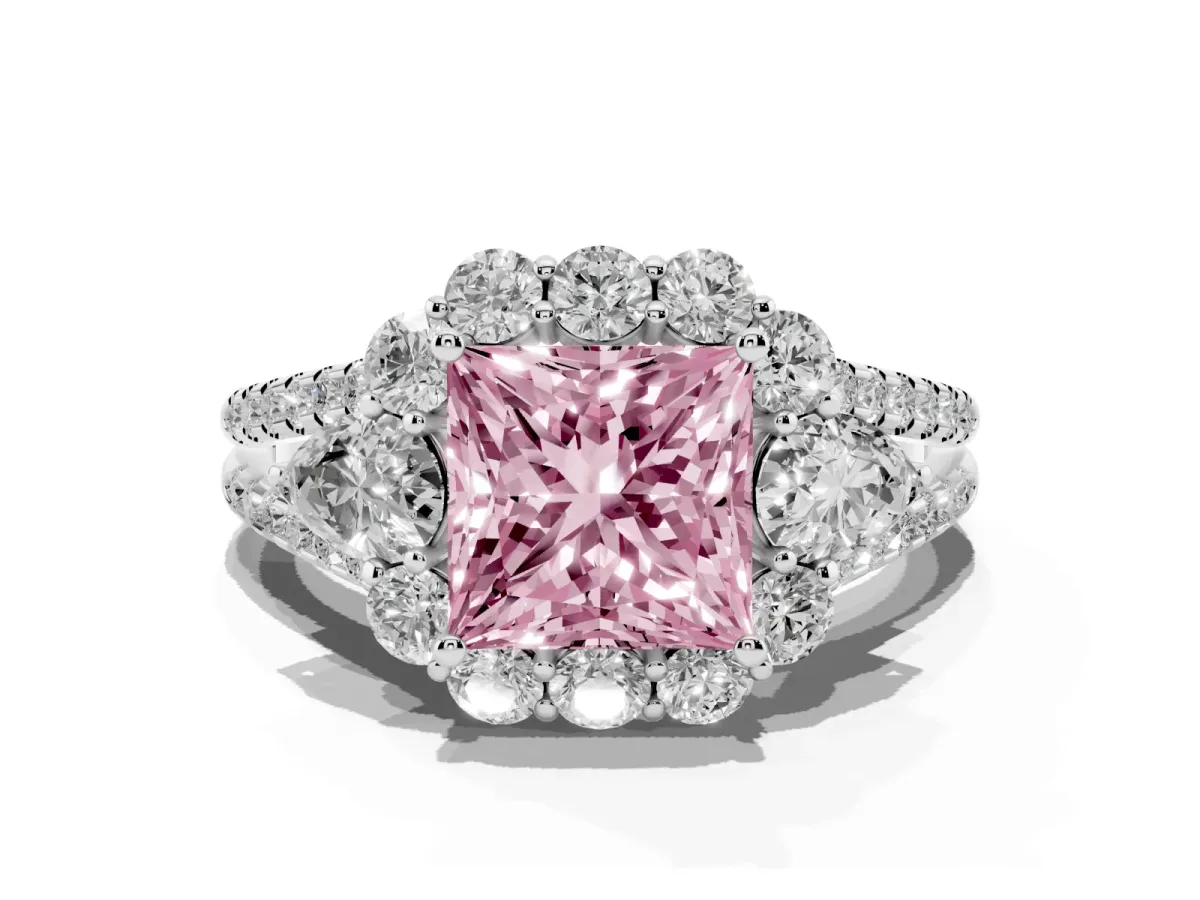 Fancy Pink Princess Cut Halo Split Shank Diamond Engagement Ring with Prong Setting Platinum