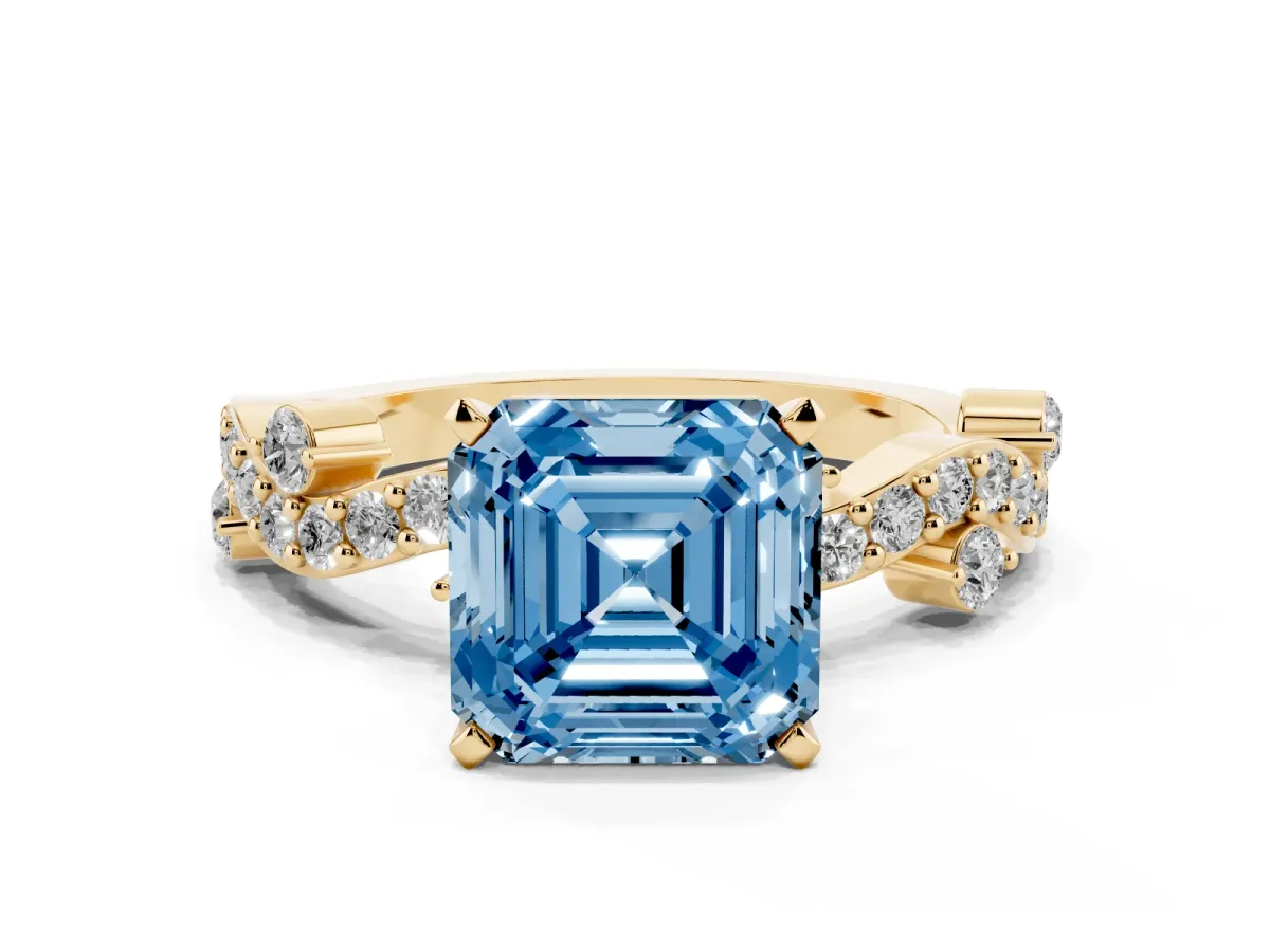 Fancy Blue Asscher Cut Cut Solitaire Diamond Twisted Band with Pave Setting Yellow gold