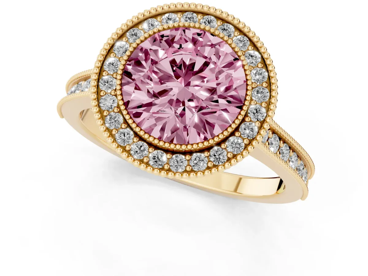 Fancy Pink Halo Round Cut-Cut Diamond Pave Band Milgrain Prong Setting Ring Yellow gold