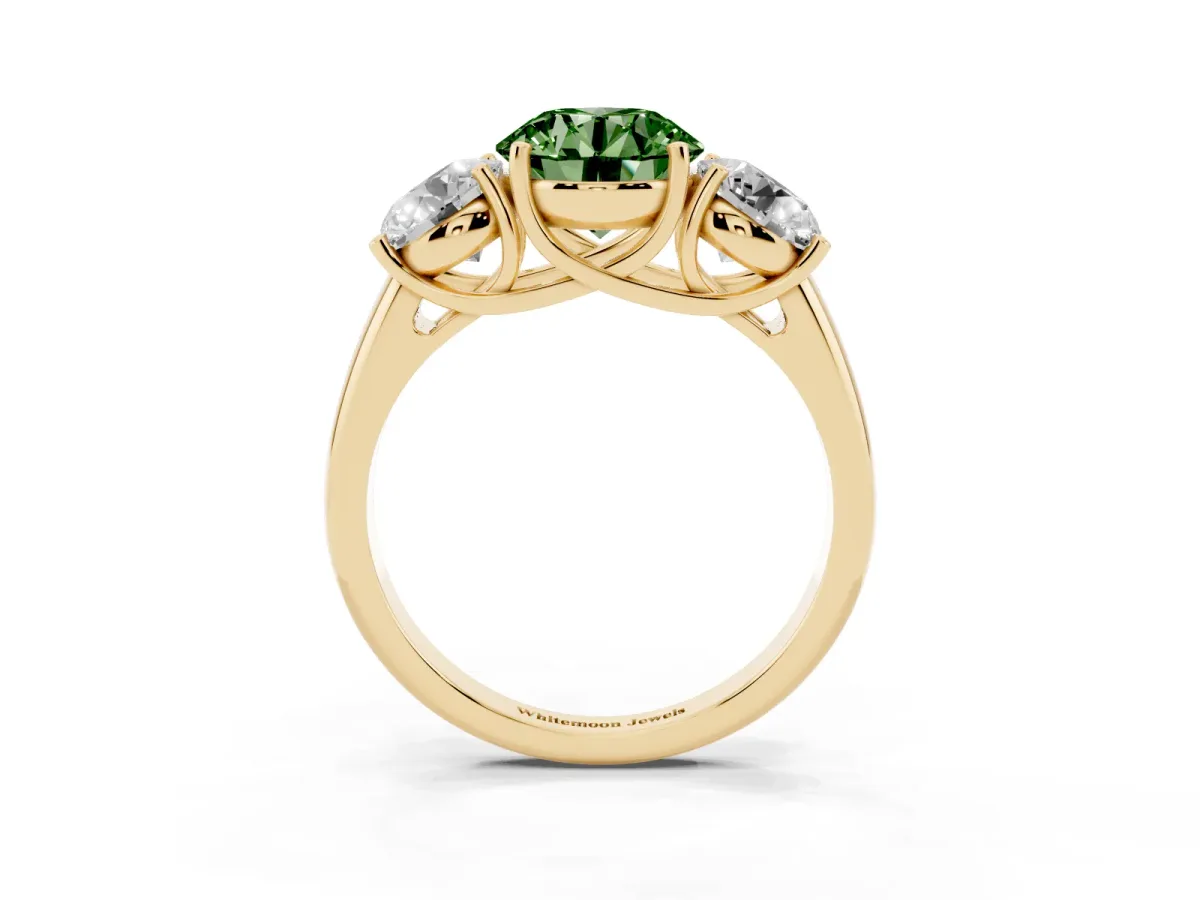 Fancy Green Three-Stone Round Cut Diamond Engagement Ring with Prong Setting Yellow gold