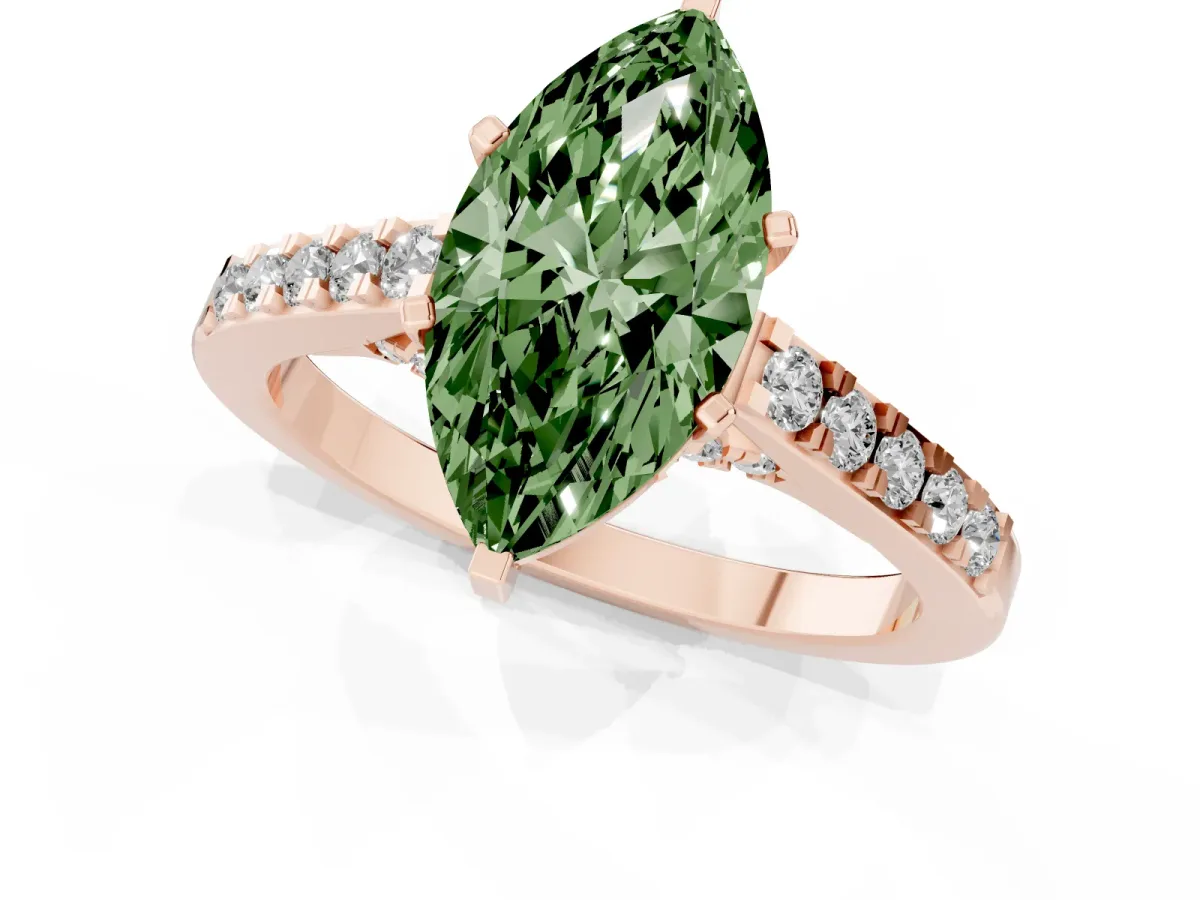 Fancy Green Marquise Cut Diamond Solitaire Ring with Crossover Gallery and Round Pavé Band Rose gold