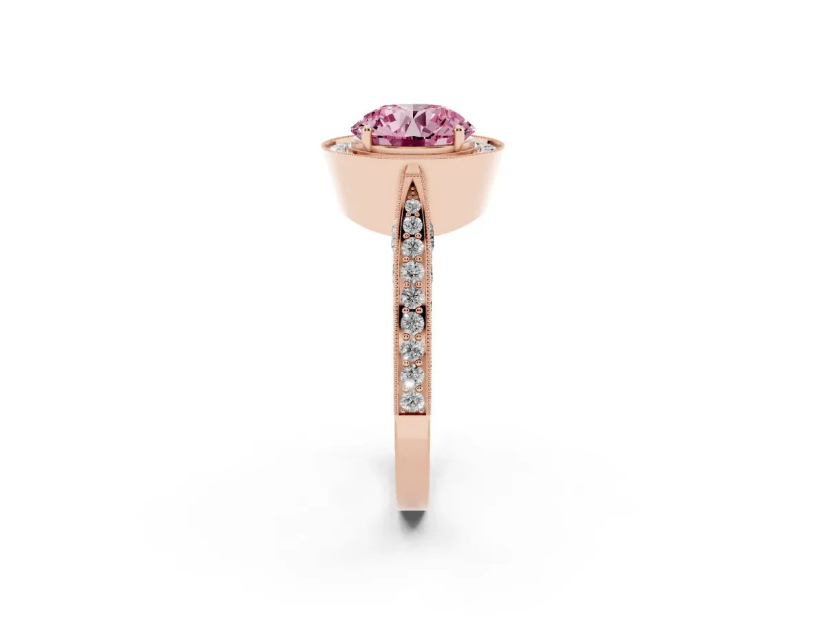 Fancy Pink Round Cut Halo Diamond Engagement Ring with Split Shank Band and Four-Prong Setting Rose gold