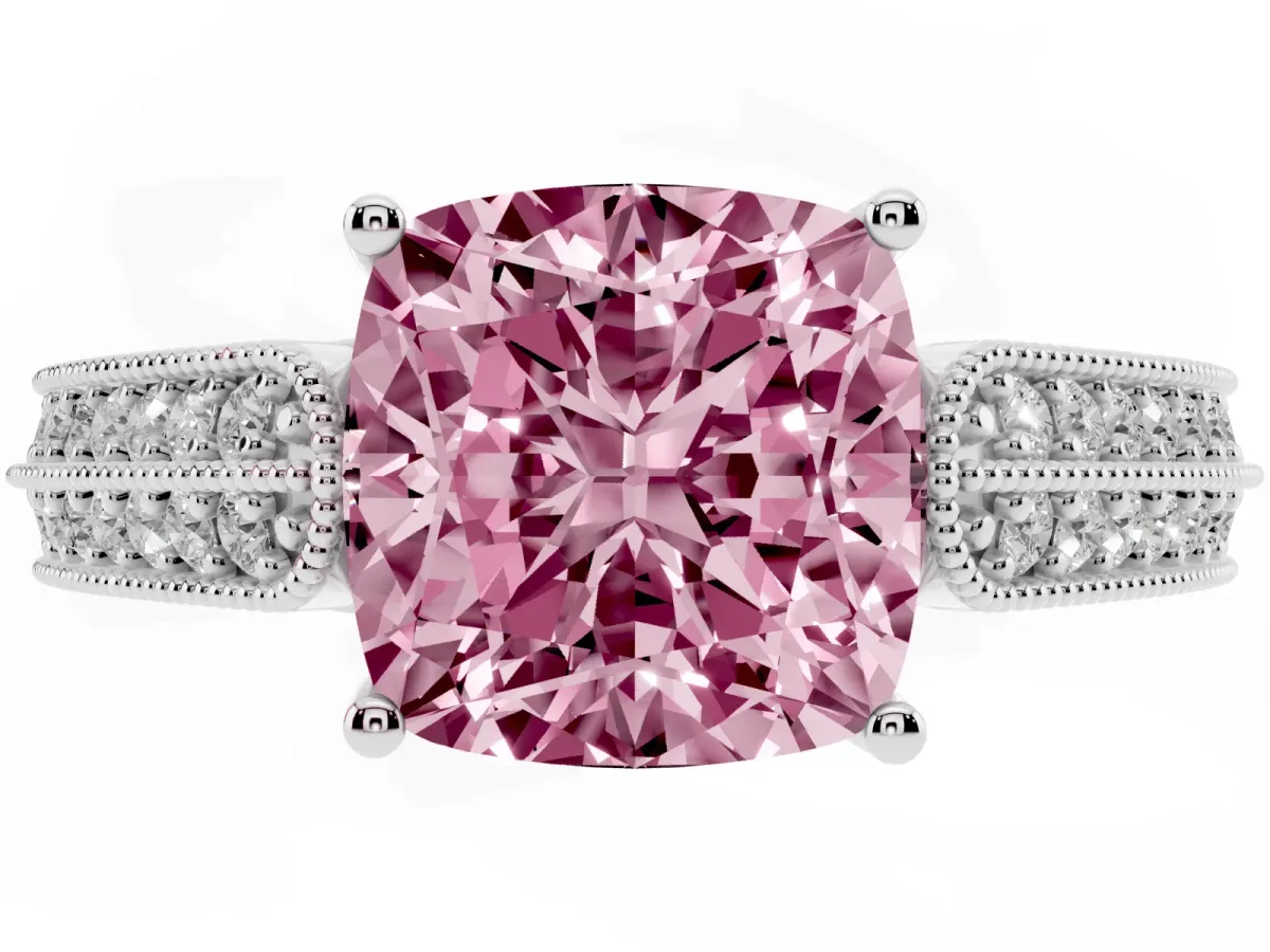 Fancy Pink Cushion Cut Cut Pave Split Shank Engagement Ring with Four-Prong Setting White gold