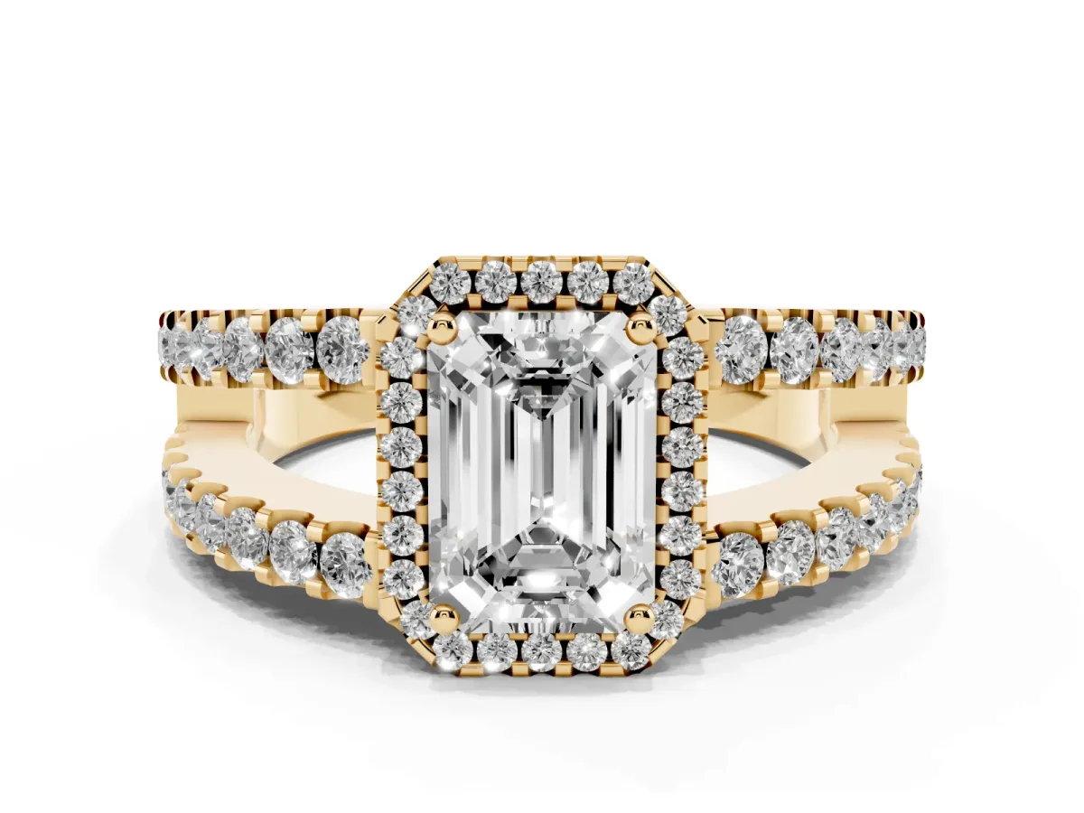 Emerald Cut Cut Halo Split Shank Diamond Ring with Four-Prong Setting Yellow gold