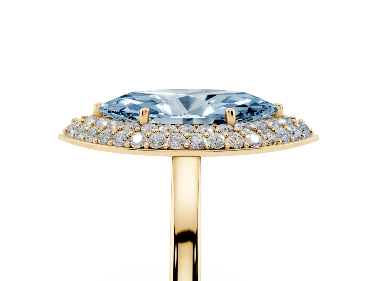 Fancy Blue Marquise Cut Halo Diamond Engagement Ring with Solitaire Band and Four-Prong Setting Yellow gold