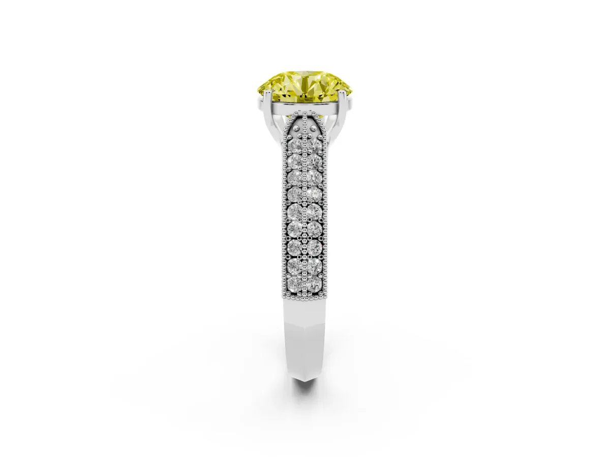 Fancy Yellow Round Cut Cut Pave Split Shank Engagement Ring with Four-Prong Setting White gold