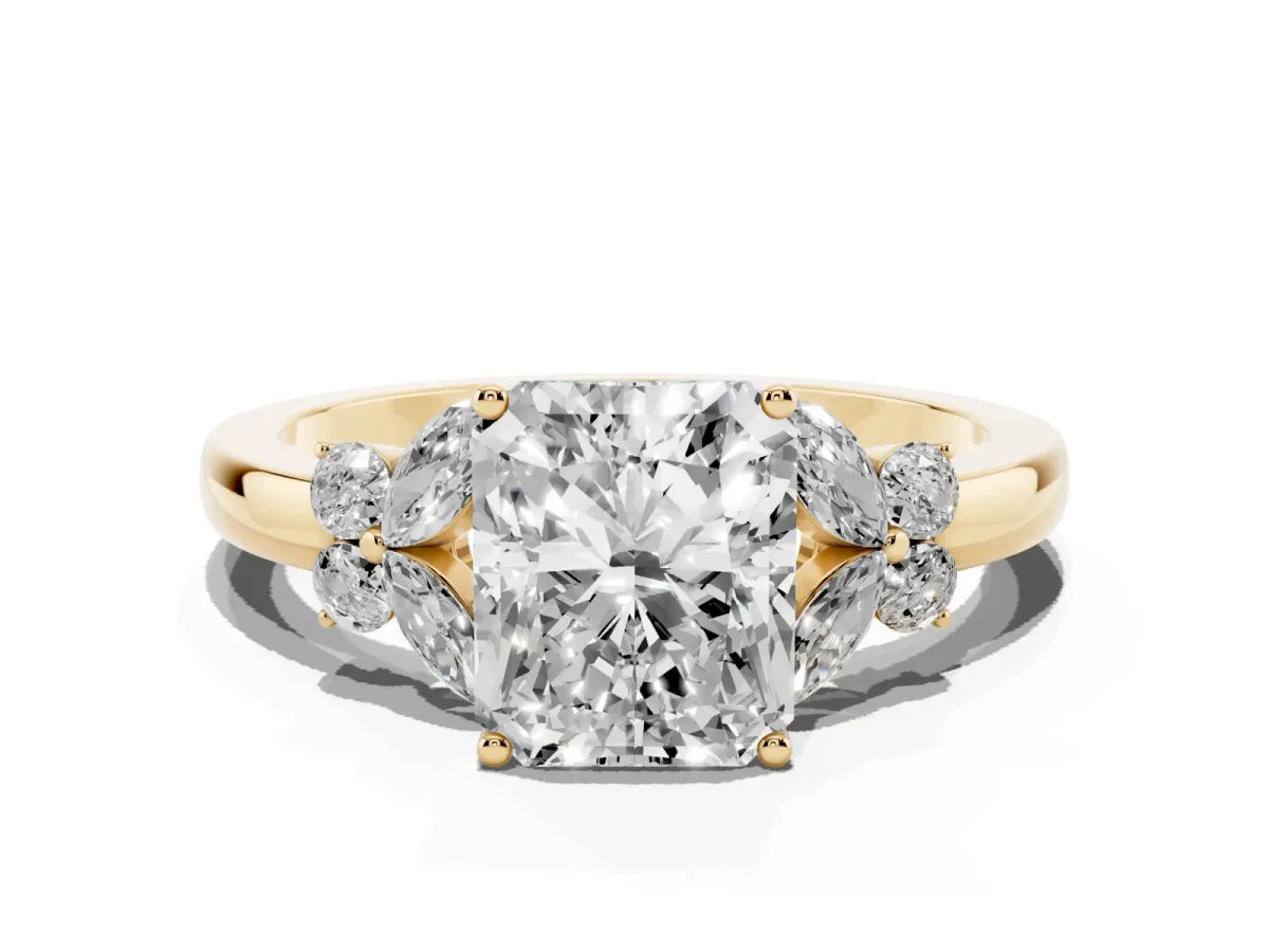 Radiant Cut Cut Solitaire Floral Diamond Ring with Four-Prong Setting Yellow gold