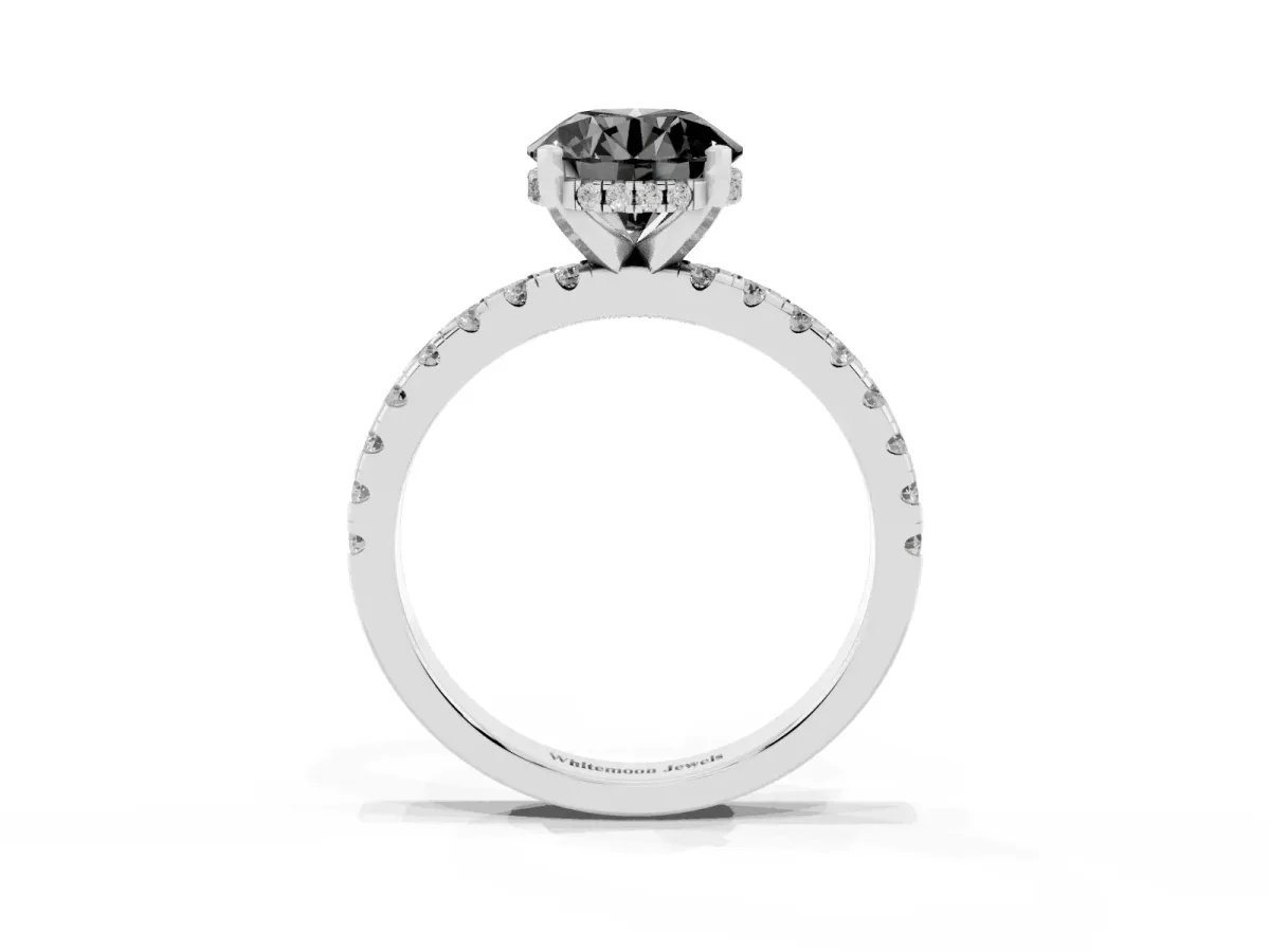 Fancy Black Round Cut Diamond Solitaire Ring with Round Pavé Band and Four-Prong Setting Silver