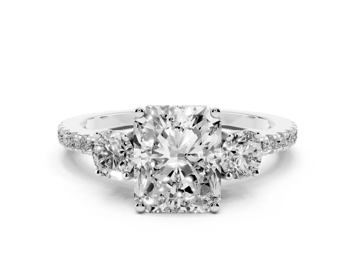Three-Stone Radiant Cut Cut Diamond Pavé Band with Prong Setting Silver