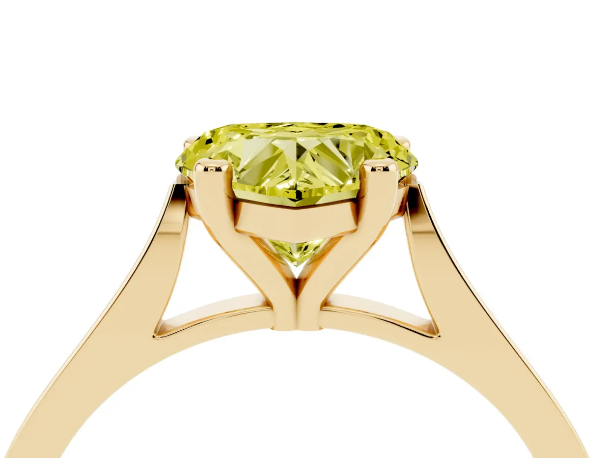 Fancy Yellow Heart Cut Solitaire Diamond Ring with Four-Prong Setting and Tapered Band Yellow gold