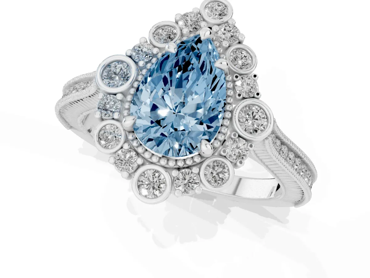 Fancy Blue Pear Cut Halo Milgrain Pave Diamond Ring with Four-Prong Setting Silver
