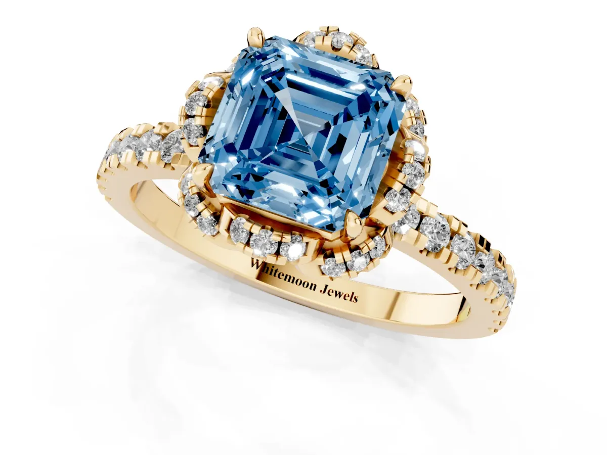 Fancy Blue Asscher Cut Halo Diamond Pave Band Ring with Four-Prong Setting Yellow gold
