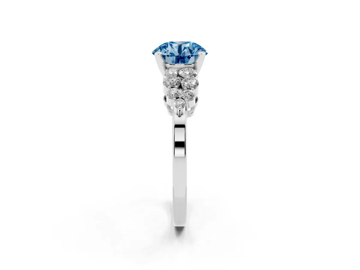 Fancy Blue Round Cut Cluster Diamond Engagement Ring with Pavé Band and Four-Prong Setting Silver