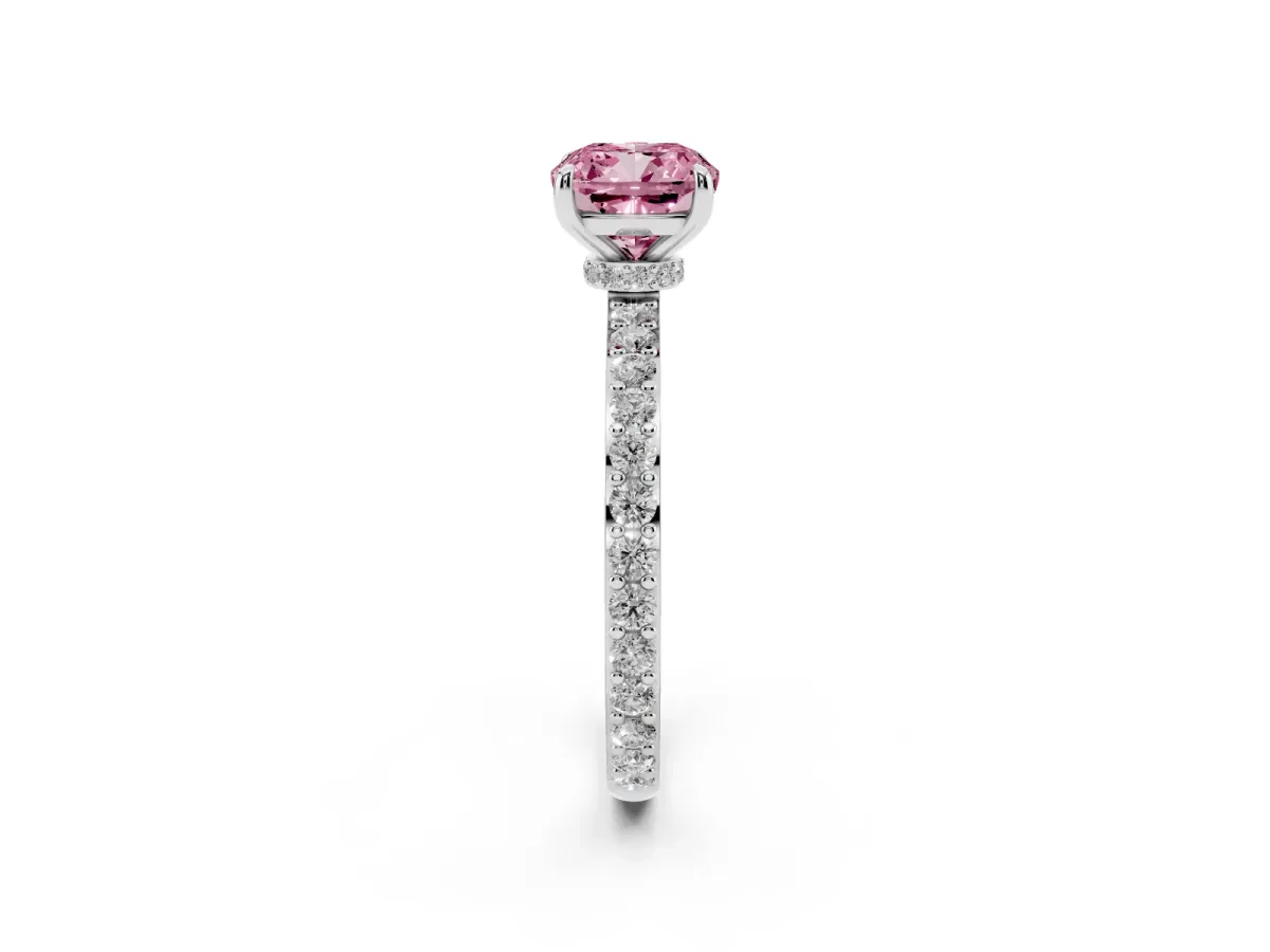 Fancy Pink Cushion Cut Diamond Pavé Engagement Ring with Round Accents and Prong Setting Silver