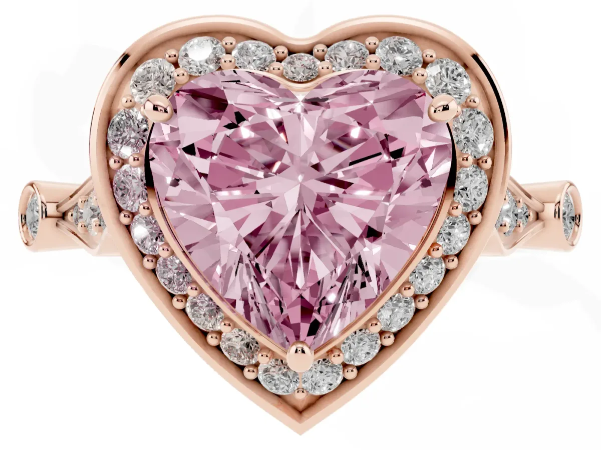 Fancy Pink Heart Cut Halo Diamond Engagement Ring with Twisted Band and Four-Prong Setting Rose gold