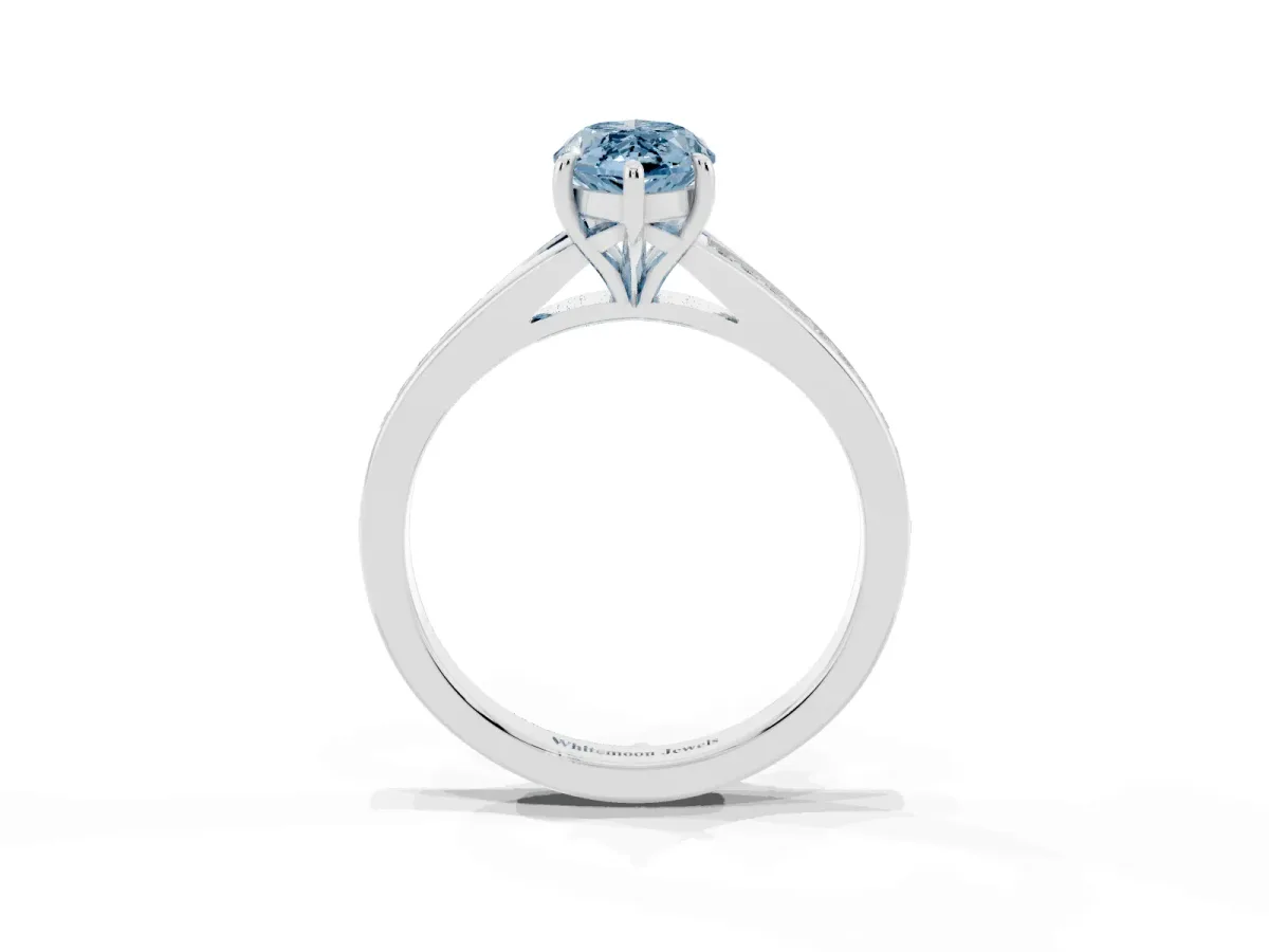 Fancy Blue Marquise Cut Diamond Solitaire Ring with Pavé Band and Prong Setting Silver
