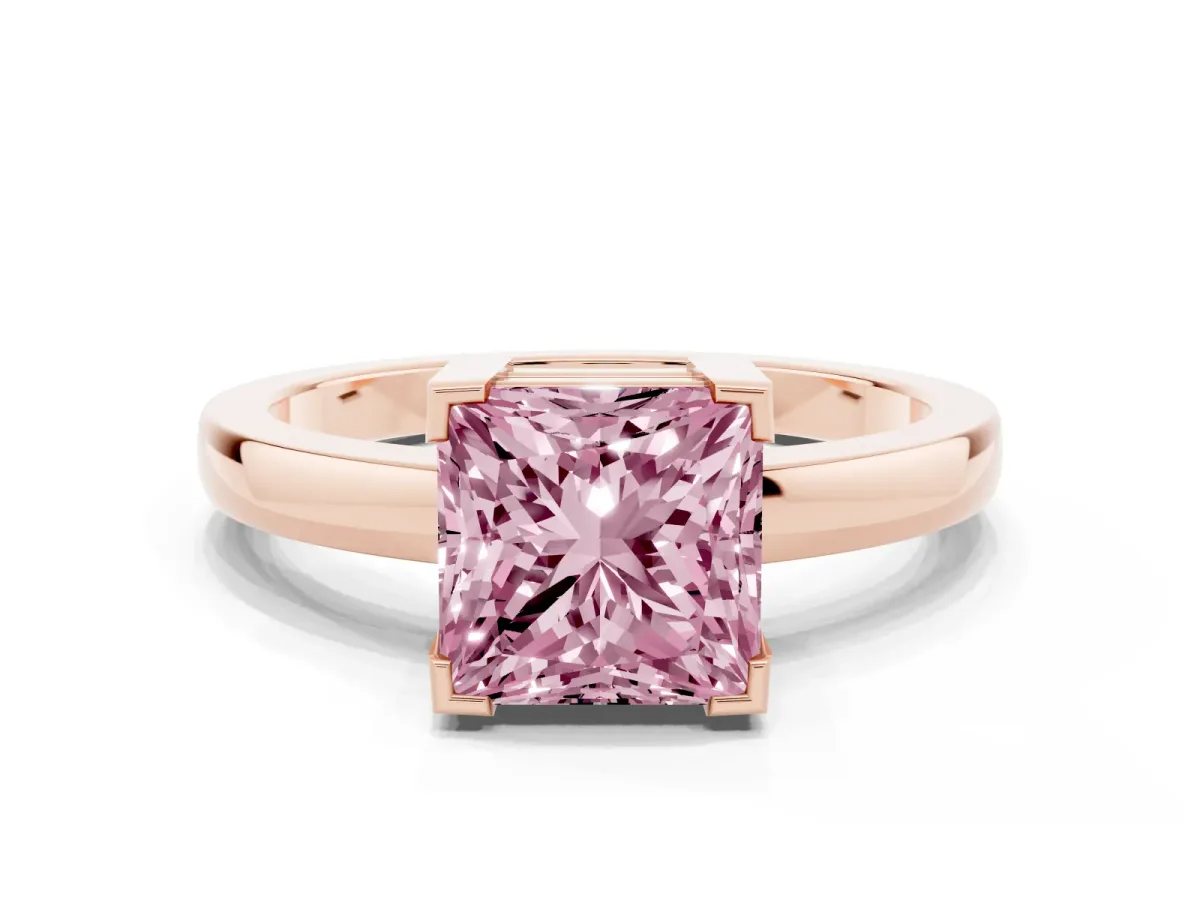 Fancy Pink Princess Cut Cut Solitaire Ring with Four-Prong Setting and Classic Band Rose gold