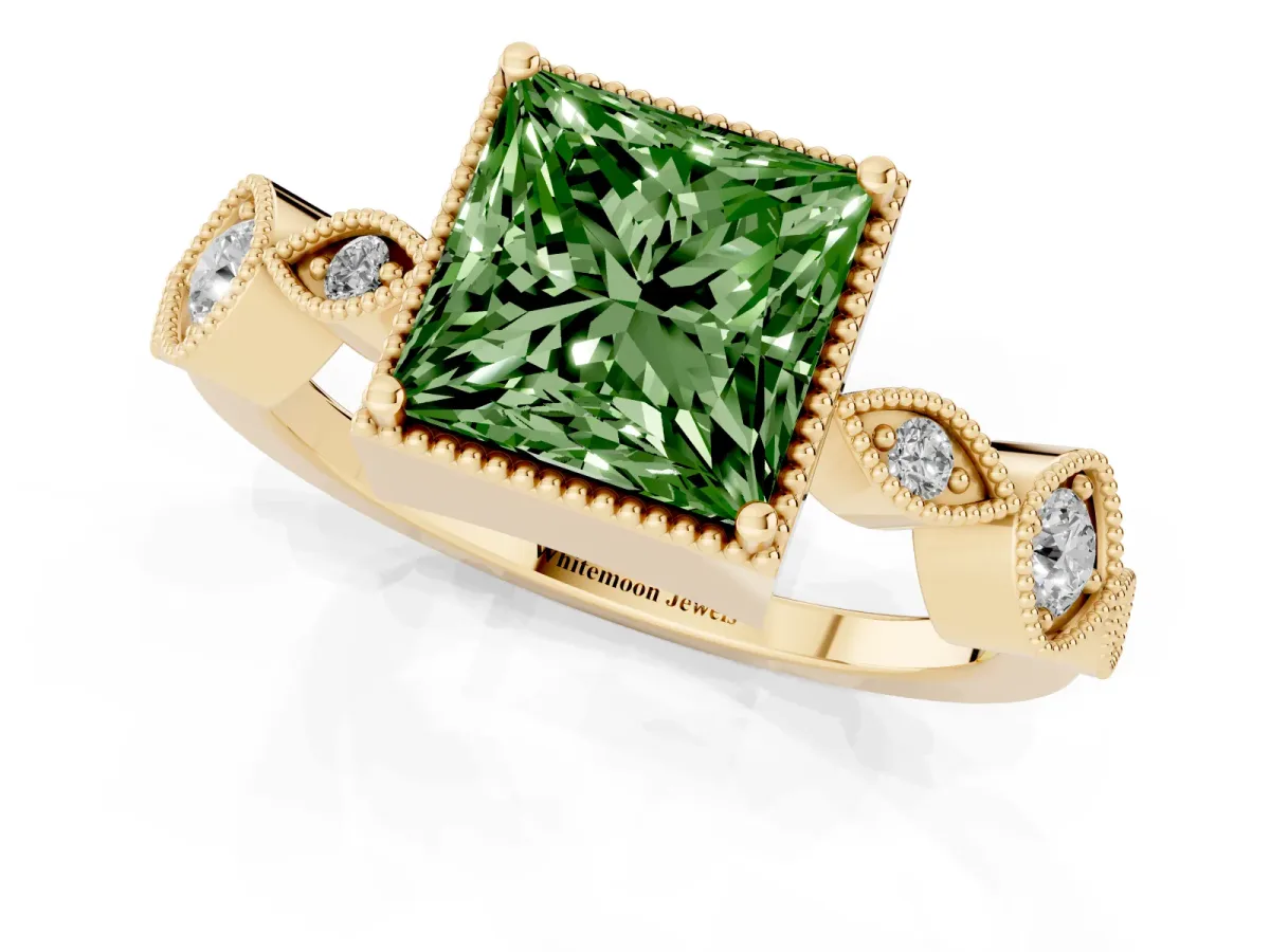 Fancy Green Princess Cut Diamond Vintage Milgrain Ring with Round Stations Yellow gold