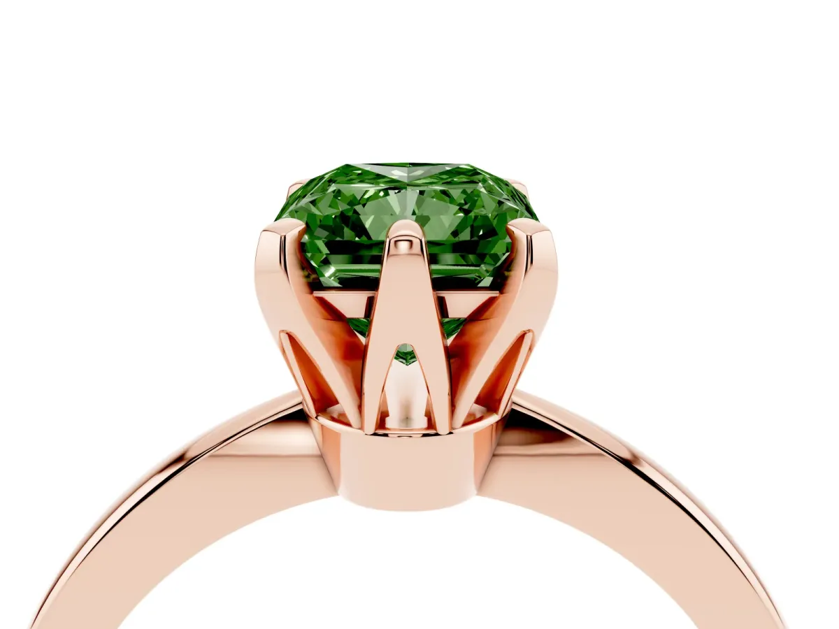 Fancy Green Radiant Cut Solitaire Engagement Ring with Six-Prong Setting and Tapered Band Rose gold