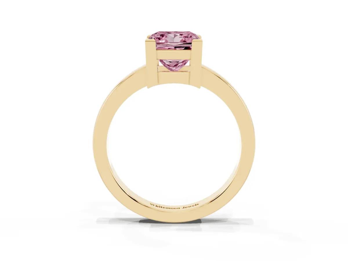 Fancy Pink Princess Cut Cut Solitaire Ring with Four-Prong Setting and Classic Band Yellow gold