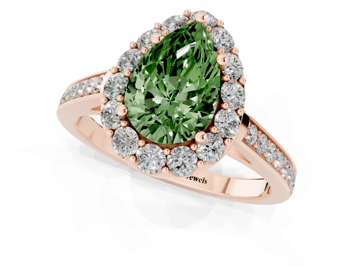 Fancy Green Pear Cut Diamond Floral Halo Ring with Pavé Band and Prong Setting Rose gold
