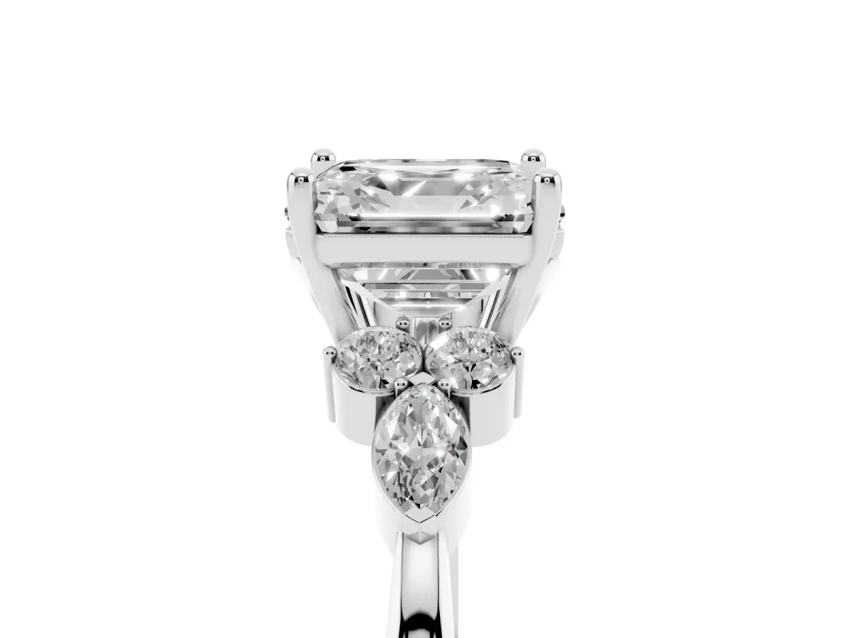 Asscher Cut Brilliant Diamond Solitaire Ring with Pear Side Stones and Four-Prong Setting Silver