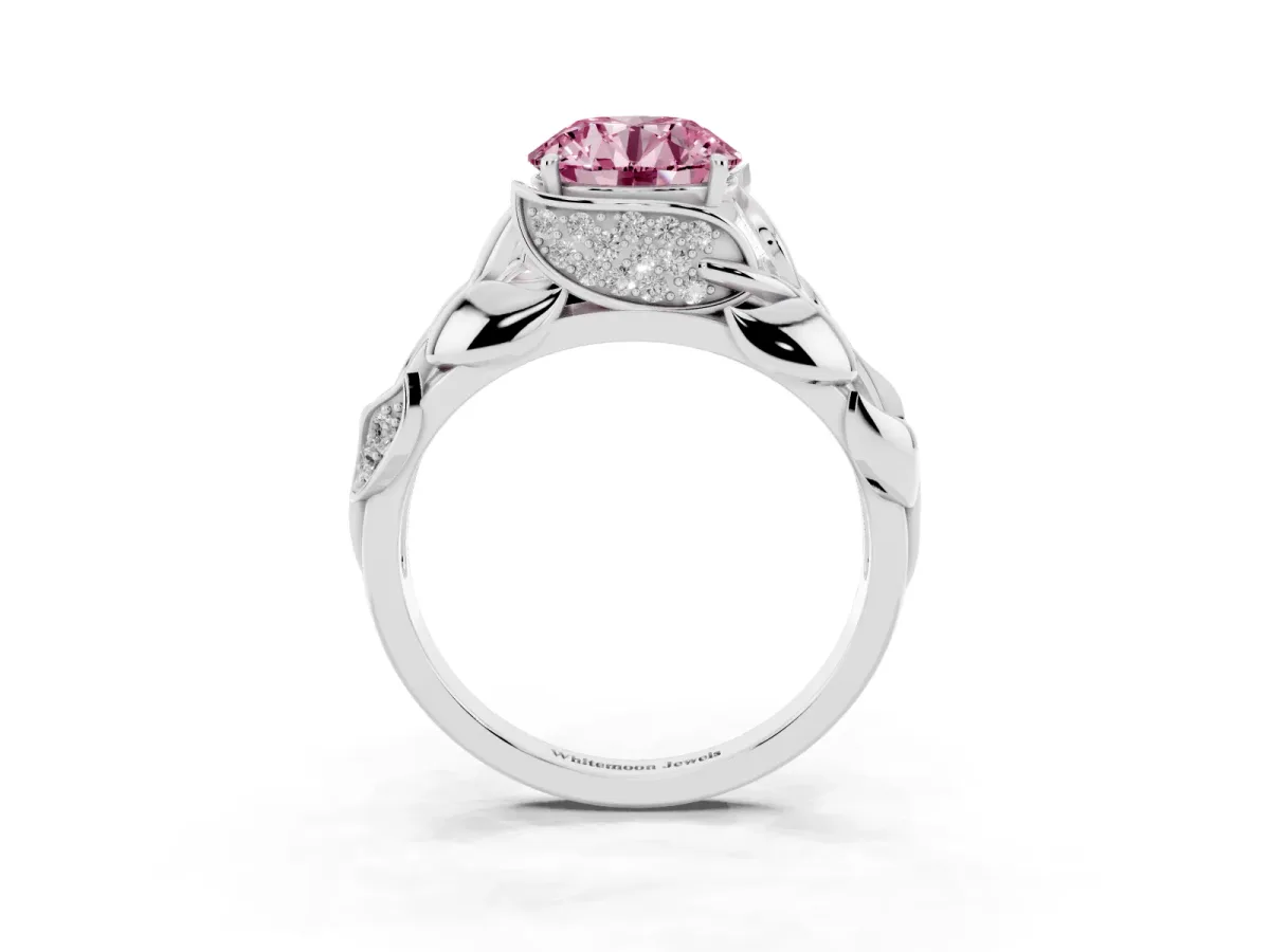 Fancy Pink Round Cut Diamond Leaf-Inspired Engagement Ring with Round Accents and Prong Setting White gold
