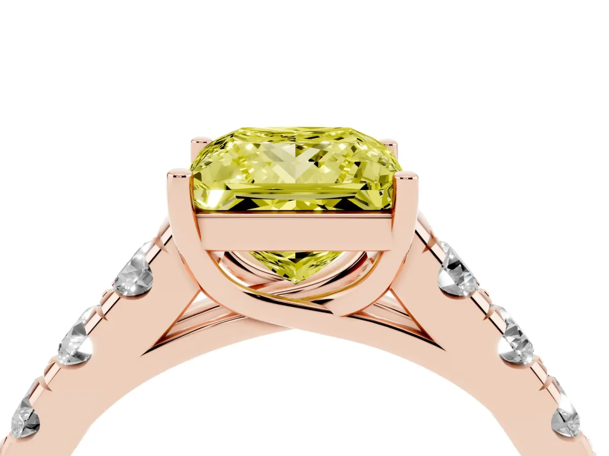 Fancy Yellow Princess Cut Cut Diamond Solitaire Ring with Micro Pave Band and Prong Setting Rose gold
