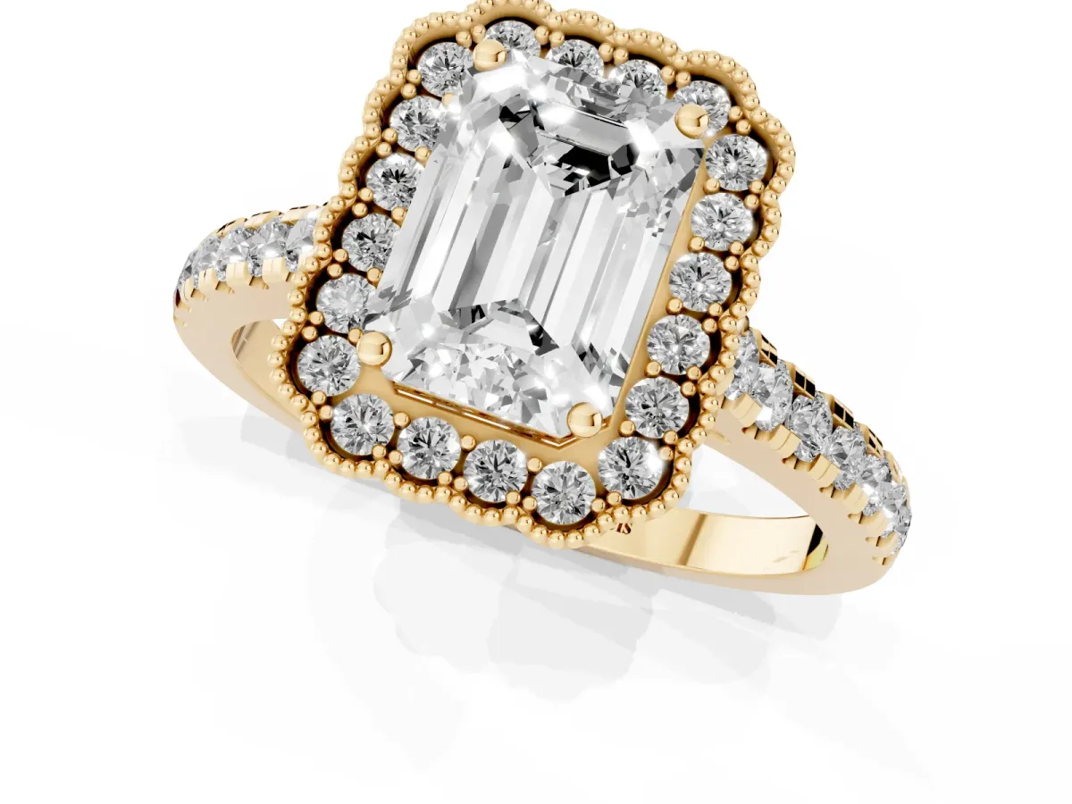 Emerald Cut Cut Diamond Milgrain Floral Halo Engagement Ring with Pavé Band Yellow gold